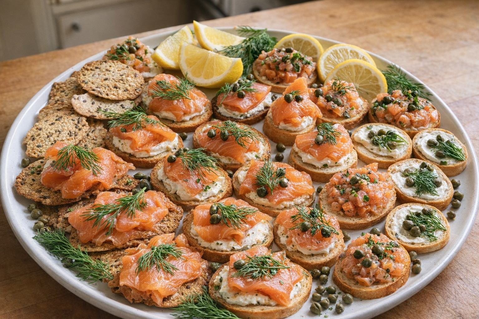 An overhead shot of a platter filled with assorted smoked salmon appetizers, crackers, crostini, garnished with dill, capers, and lemon wedges. Soft, natural light highlights the textures.
